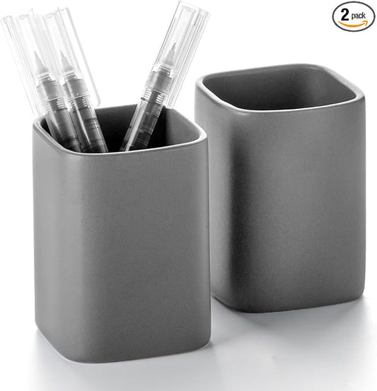 Pen Holder, 2 Pack Pencil Holder for Desk ,Ceramic Pencil Cup Desk Organizer, Makeup Brush Holder Cute, Stationery Accessories for Office, School, Home (Matte gray)