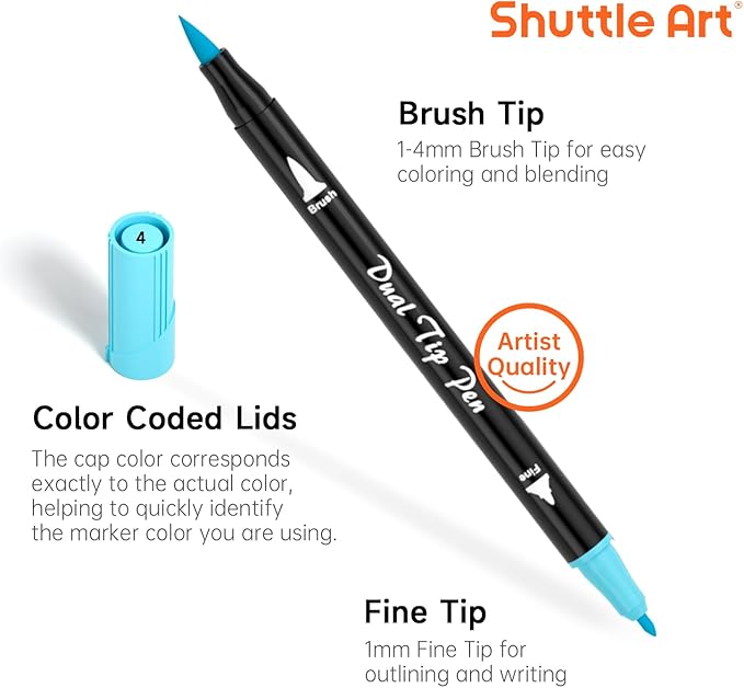 Shuttle Art Pastel Brush Pens, 56 Pastel Colouring Pens, Dual Tip Brush Markers with Fineliner Tip, Drawing Felt Tip Pens for Adults Colouring Books, Painting Sketching Calligraphy and Journaling
