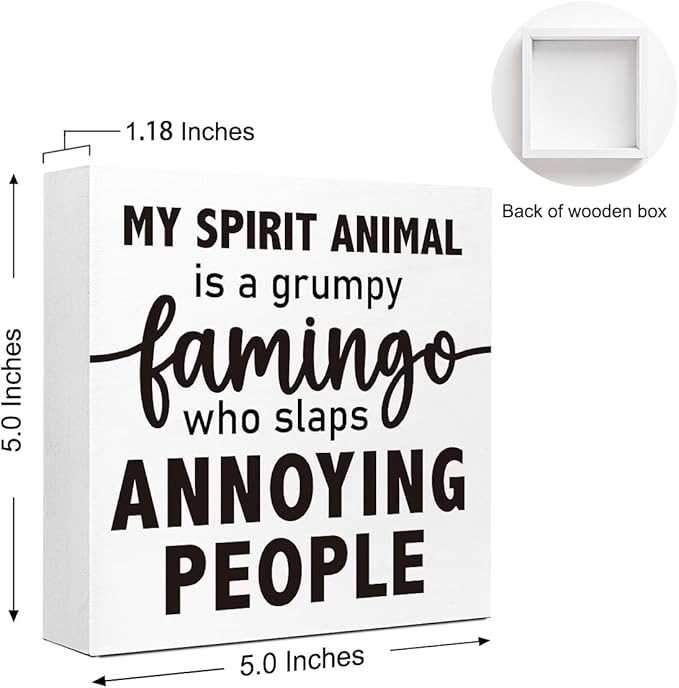 Funny Office Wood Box Sign - "Grumpy Flamingo Spirit" Wooden Block Sign, 5x5x1 Inch Whimsical Desk Decor for Sassy Female Professionals