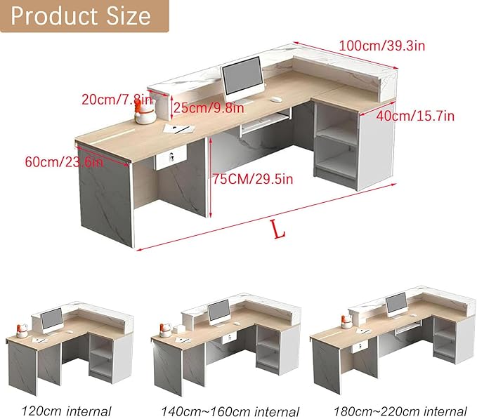 L-Shaped Receptionist Desk，Office Front Desk Reception Counter with Hidden Lighting & Storage Drawer Commercial Checkout Counter Sturdy for Salon Clinic Clothing Store