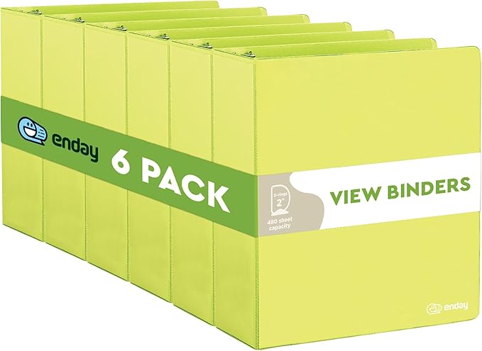 3 Slant D-Ring Binder 2 Inch Binder Green, 2 in Clear View Cover w/ 2 Inside Pockets, Heavy Duty Colored School Supplies Binders Also Available in Blue, Pink, Red, Grey, Purple (6 PC)–by Enday