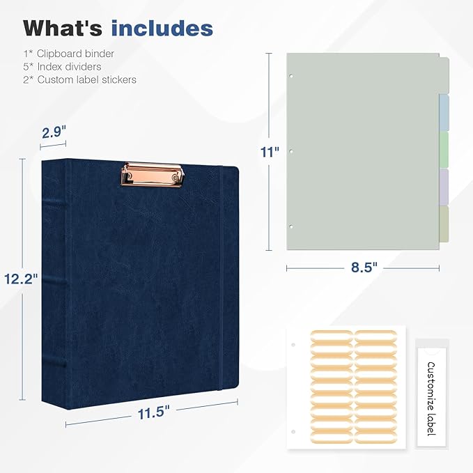 Ospelelf 3 Ring Binder With Clipboard - 2 Inch Vintage Leather Organizer for Letter Size (8.5" x 11"), Professional Dividers With 5 Tabs, Dark Blue