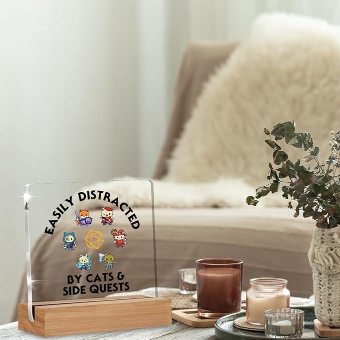 Funny DND Gifts for RPG Gamers, Dungeon and Dragon Gift, Nerdy Gifts for Men Women Gamers, Cats & Side Quest Acrylic Desk Signs Decor 4 × 4 Inches