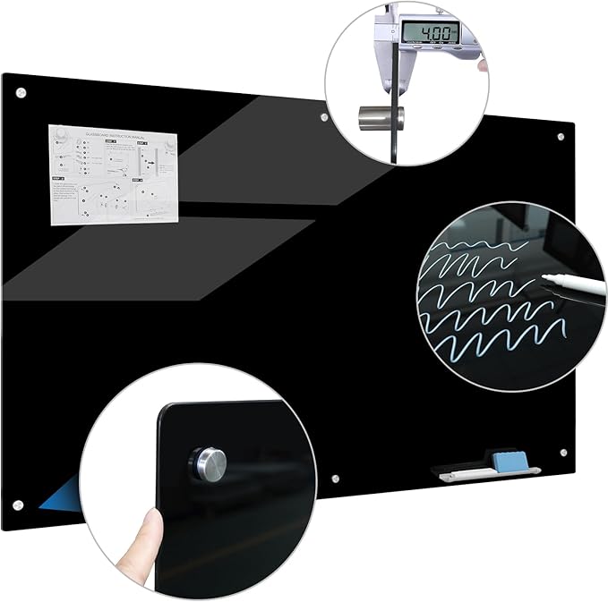 Magnetic Glass Writeboard 72"x48" Premium Tempered Dry Erase Boards Wall Mounted Frameless Whiteboard Bulletin Message Boards (Black)