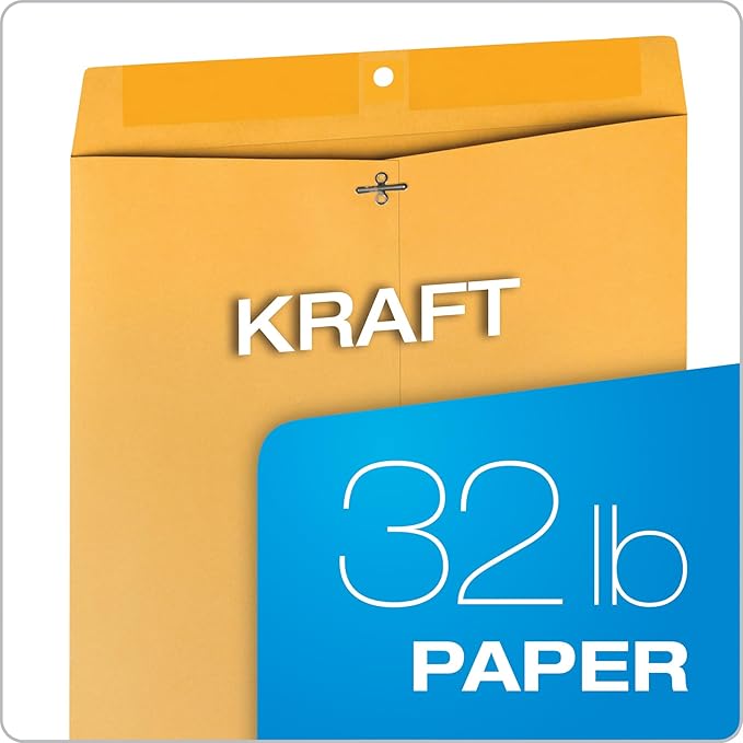 Quality Park 12 x 15-1/2 Clasp Envelopes, Clasp and Gummed Closures, for Oversized Papers, Drawings or Posters, 32 lb Kraft Paper, 100/Box (QUA37810)