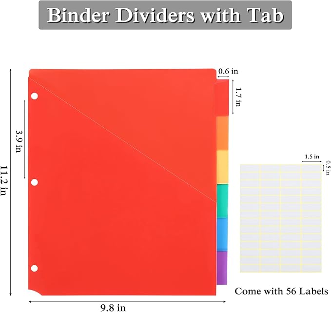 SEEKIND 12 Pack Binder Dividers with Pocket,12 Tab Binder Dividers for 3 Ring Binders,Subject Dividers for US Letter Size in 0.5, 1, 2, 3 inch Binders, Multicolor (12)