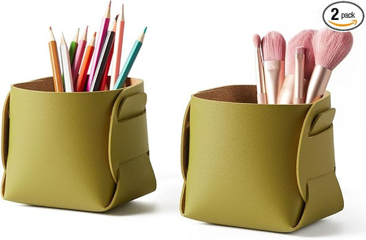 HOMIEAZICOZI 2-Pack Cork Leather Desk Accessories Storage - Pencil Pen Holder - Makeup Brush Holder Organizer - Stylish Addition to Home Decor (Olive Green)