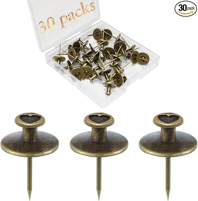 30 PCS Push Pins Picture Hanger Hooks, Double Headed Nails Push Pin Thumbtacks for Wall Hangings Picture, Decorative Small Hook Pins for Drywall Cork Board Home Office Photo Decorations (Bronze)