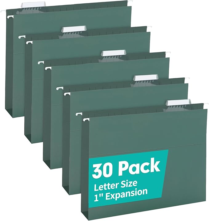 HERKKA Extra Capacity Hanging File Folders, 30 Pack Reinforced Hang Folders with Heavy Duty 1 Inch Expansion, Designed for Bulky Files, Medical Charts, Letter Size, Green