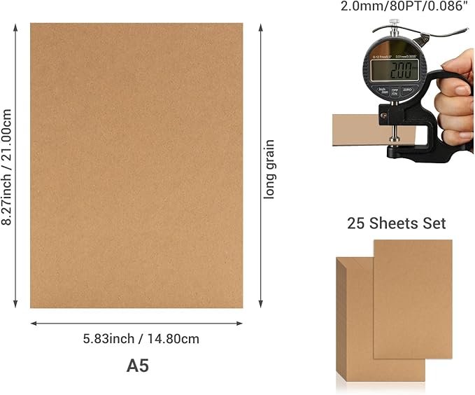 25 Pcs Book Board, Binder Board, Cover Board, Heavy Duty Chipboard for Book Binding, DIY Cardboard (Brown, A5 80PT)