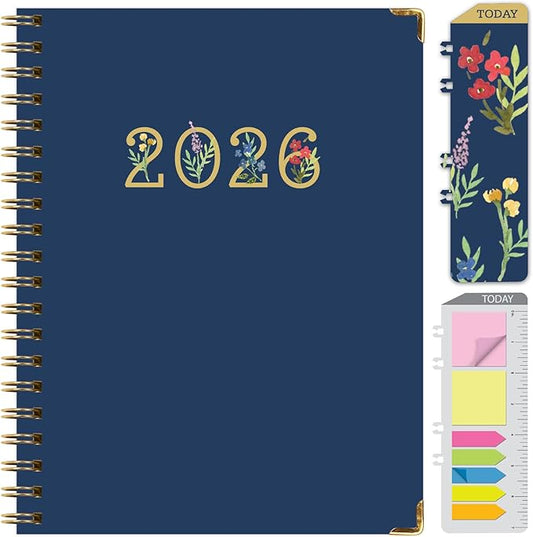 HARDCOVER 2026 Planner, 8.5"x11": 14 Months (November 2025 - December 2026), Daily Weekly Monthly Planner, Yearly Agenda, Bookmark, Pocket Folder and Sticky Note Set (Navy Gold Numbers)