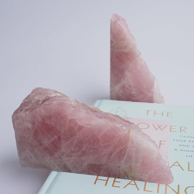 Natural Rose Quartz Bookends with Rubber Feet 3-4Lbs Heavy Duty Non-Slip Pink Crystal Bookends | Raw & Polished Stone | Healing Office Decor Gift