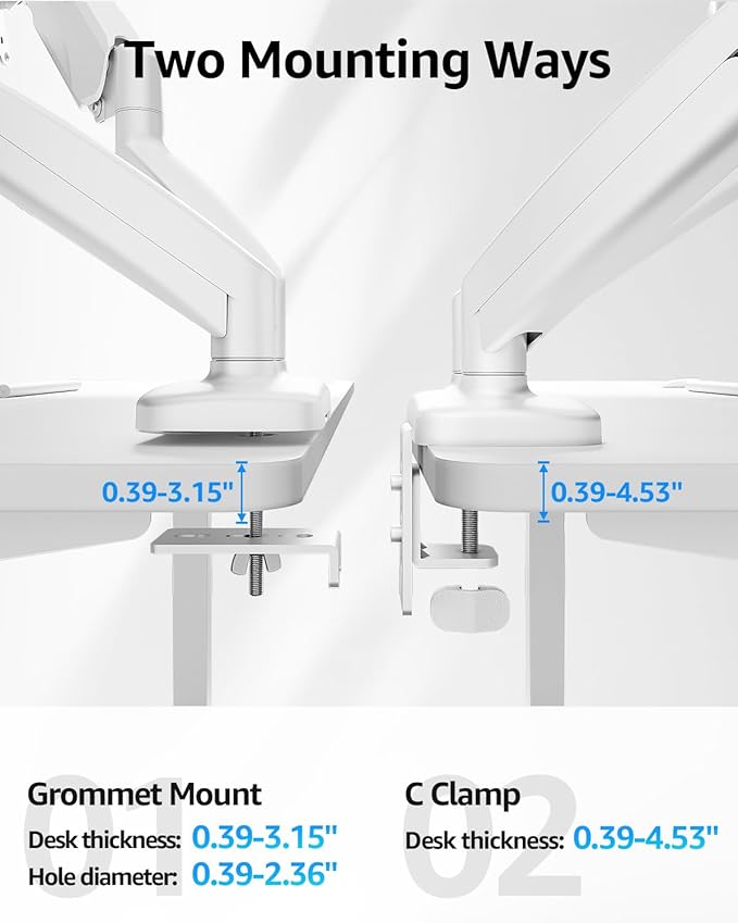 MOUNTUP Dual Monitor Stand for Desk, Gas Spring Monitor Arms for 2 Monitors Max 32 Inches, Height Adjustable Double Monitor Mount, VESA Mount with C-Clamp & Grommet Base, Holds 4.4-17.6lbs, White