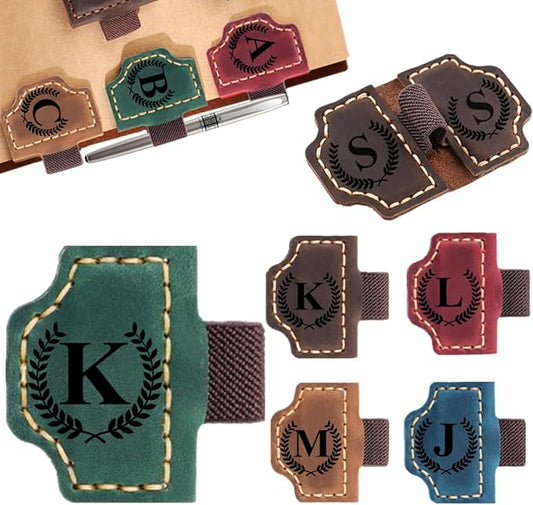 Custom Bookmark with Pen Holder with 26 Letters Personalized Magnetic Leather Book Mark, Customized Name Book Marker Clip with Initial for Men Women, Gifts for Book Lovers, Readers, (Green, K)