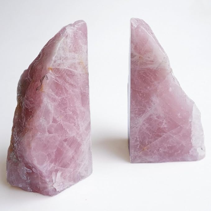 Natural Rose Quartz Bookends with Rubber Feet 3-4Lbs Heavy Duty Non-Slip Pink Crystal Bookends | Raw & Polished Stone | Healing Office Decor Gift