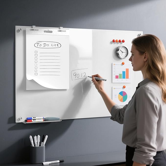 MaxGear Glass White Boards 48x30 Inches, Briliance White Wall Mounted Magnetic Glass Dry Erase Board, Large Frameless Whiteboard with 1 Eraser,3 Markers and 6 Magnets for Office, School, Home