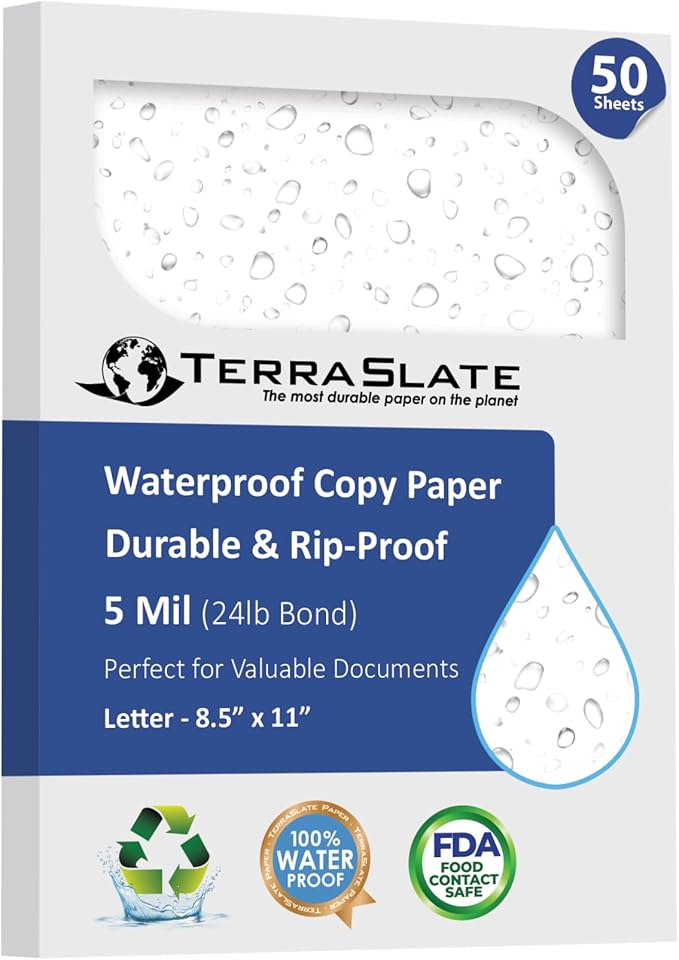 TerraSlate Waterproof Paper, 5 MIL 8.5” x 11”, Laser Printer & Copy Machine Compatible, Durable & Rain/Weather-Proof Copy Paper, White Paper (50 Sheets)