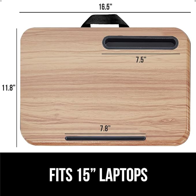 GORILLA GRIP Laptop Lap Desk with Phone Holder, Pillow Cushion Desks Fit Laptops up to 15.6", Tray Ledge Keep Computers in Place, Portable Travel Workstation Essentials for Home, Light Wood Color