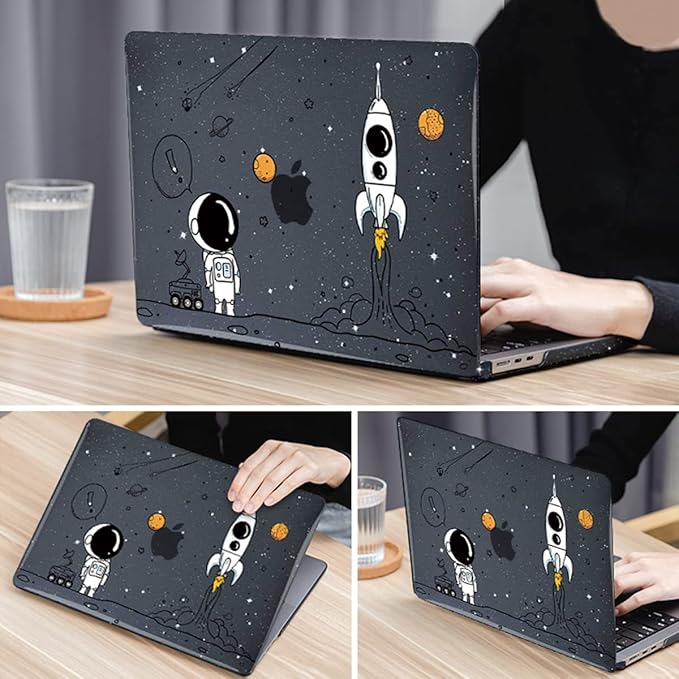 for 2025 MacBook Air 13.6 Inch Case M4 A3240 M3 A3113 M2 A2681 2022 2023 2024 Release, Glitter Black Printed Plastic Hard Shell Case for Mac Air M4 Chip Touch ID, Astronauts & Spacecraft