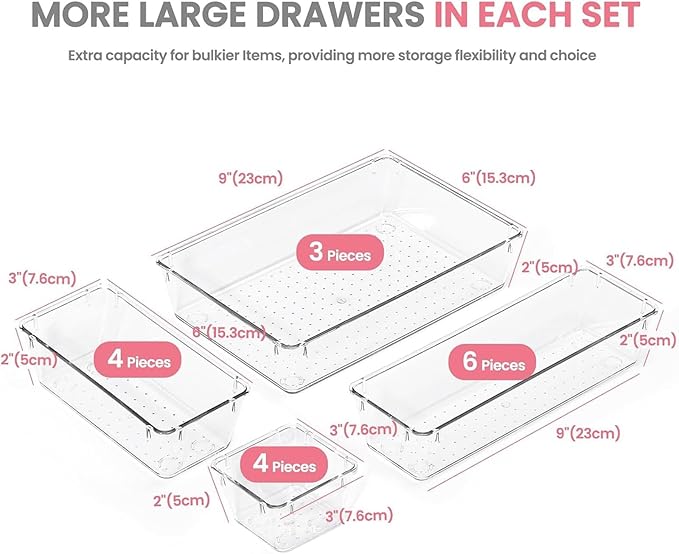 HOUSE DAY Makeup Drawer Organizer Trays 17 PCS, 4-Size Clear Drawer Organizers with Silicone Pads, Vanity Organizers and Storage, Non Slip Plastic Drawer Organizer for Desk, Bathroom, Kitchen, Office