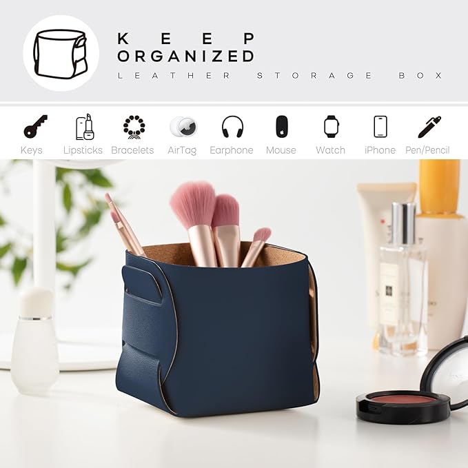 HOMIEAZICOZI 2-Pack Cork Leather Desk Accessories Storage - Pencil Pen Holder - Makeup Brush Holder Organizer - Stylish Addition to Home Decor (Dark Blue)