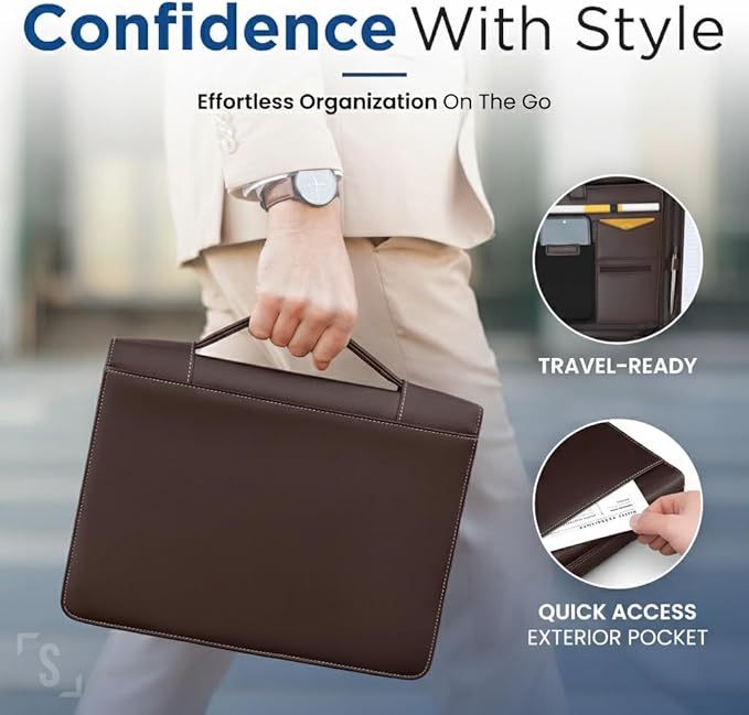 STYLIO Walnut Zipper Portfolio Binder w/Carrying Handle | Removable 3-Ring Binder (1") w/Clipboard Padfolio | Organizer for Documents, iPad, Tablet, Notebook | Business Leather Folder for Men Women