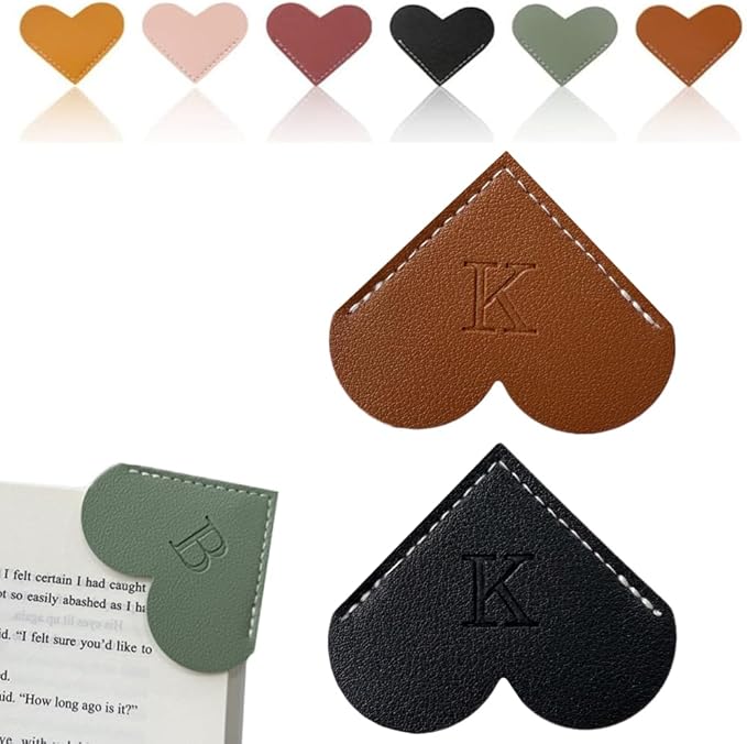 Personalized Leather Heart Bookmark, 26 Letters Customized Corner Book Mark for Reading Women, Book Marker with Initials，Cute Gifts (Black+Dark Brown, K)