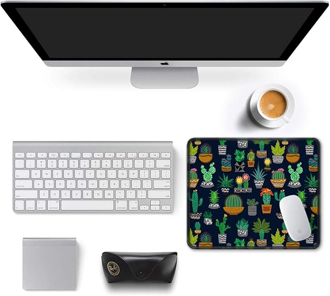 Auhoahsil Mouse Pad, 12 x 10 in Cactus Theme Computer Mouse Pad for Desk, Premium-Textured Non-Slip Rubber Stitched Edges Waterproof Square Mouse Mat for Gaming Work Wireless Mice, Black