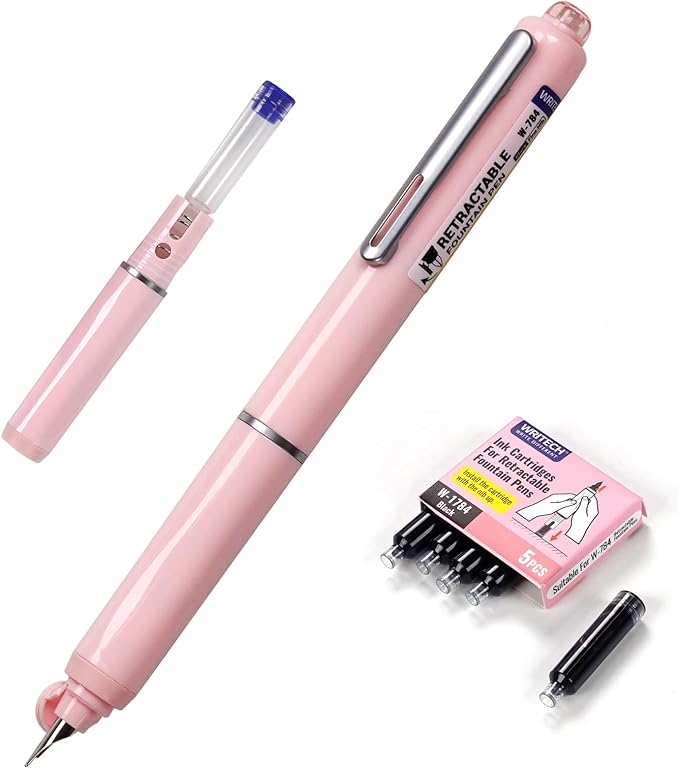 WRITECH Retractable Fountain Pen Set: Black Ink Fine Nib, 5 Refillable Ink Cartridges Included, No Leaking Smooth Writing for Calligraphy Journaling Gift (Pink)