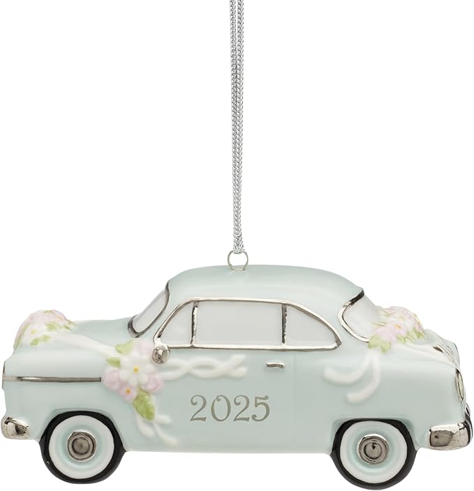 Lenox Ornament, 2025 Just Married Vintage Car Christmas Ornament, Made from Porcelain, Christmas Decorations with Silver Accents and Hanging Cord, Winter Decor, Tree Decor, Car Design (Blue, 1 Piece)