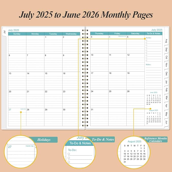2025-2026 Planner - Academic Planner 2025-2026 from July 2025 to June 2026 with 12 Monthly Tabs, Flexible Cover, Inner Pocket, 8.5" x 11", Rose Leaf