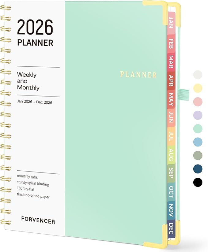 2026 Planner, Forvencer Calendar Planner Weekly and Monthly, January 2026-December 2026, 8.5" X 11", Hardcover Agenda Book with Tabs, Cute Daily Journal Planning with Inner Pocket, Home College Organizer Notebook for Office School Supplies, A4, Mint Green