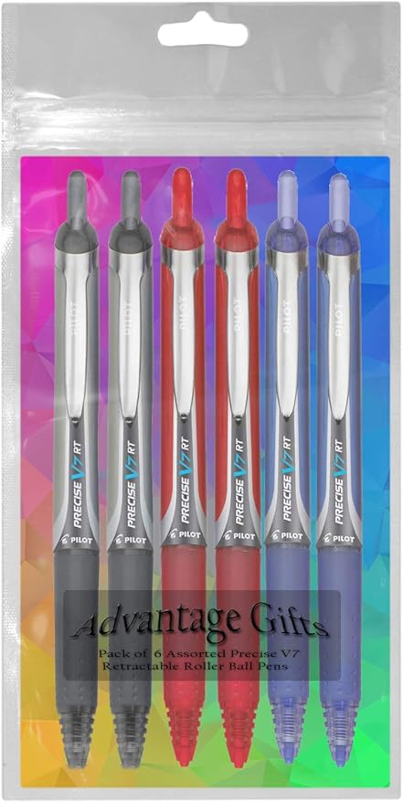 Precise V7 RT Retractable Rolling Ball Pens, Fine Point (.7mm), Assorted Colors, Black/Blue/Red Ink, 6-pk; Premium Comfort Grip, Bundle with Plastic Reusable Pouch