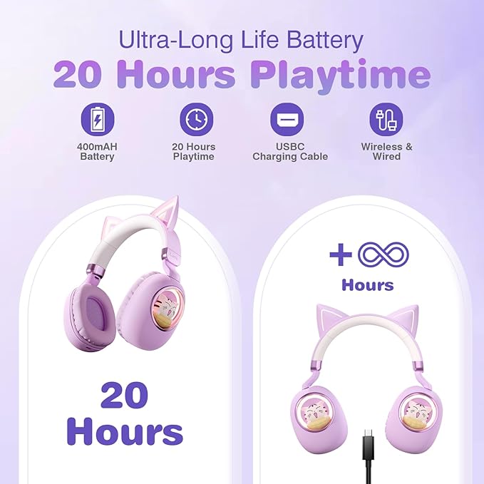 Cat Ear Headphones for Kids, Cute Children Girl Wireless Bluetooth Headphones for School, Purple Kindergarten Light up Kawaii Kitty Noise Cancelling Headphones for Kids Teens Child Airplane