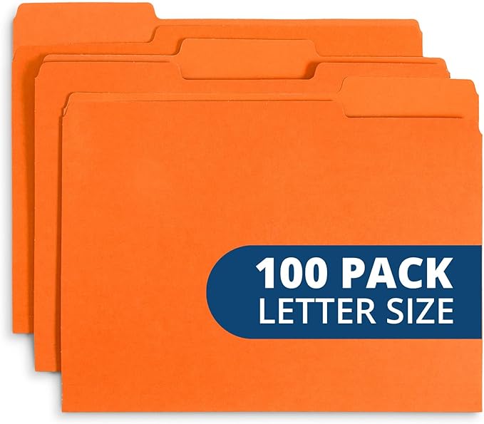 File Folder, 1/3 Cut Tab, Letter Size, Orange, Great for Organizing and Easy File Storage, 100 Per Box