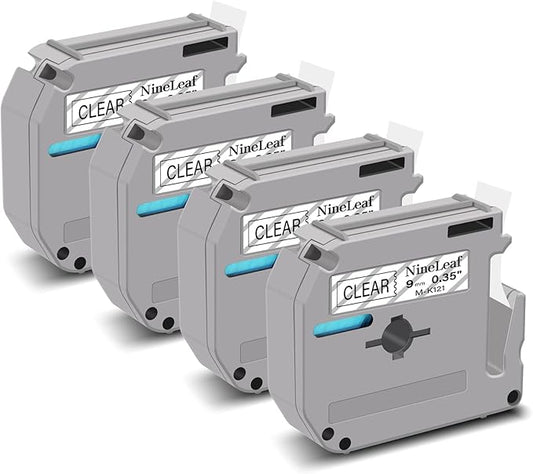 NineLeaf 4 Pack Compatible for Brother P-Touch M Label Tape MK121 M-K121 M121 Black on Clear 3/8" (9mm) x 26.2ft (8m) Labeling Refill Cartridge Work in PT-45M PT-65 PT-70 PT-80 PT-M95 Label Maker