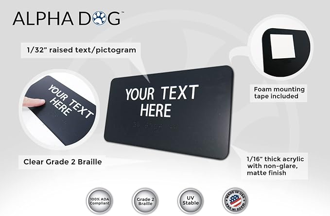 ALPHA DOG ADA SIGNS Custom ADA Compliant Braille Sign, 4"x8" Room Identification Plaque, Tactile Text, Raised Letters, Personalized 2-Line, Indoor/Outdoor, USA-Made (Black)