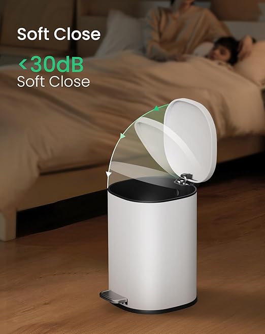 Cesun Bathroom Trash Can with Lid, 1.3 Gallon Small White Garbage Can with Foot Pedal, Metal Round Wastebasket for Bathroom, Bedroom, Office, White