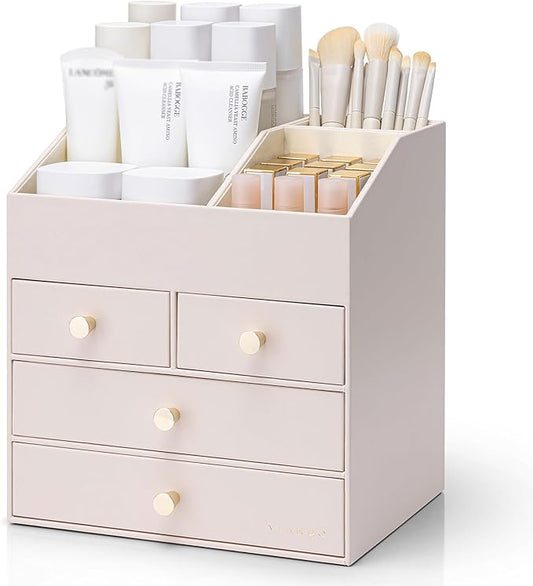 Vlando Makeup Organizer Countertop,Large Vanity Organizer PU Leather Make up Storage with 4 Drawers Skincare Organizer Cosmetic Display Case for Lipstick,Brushes-Apricot White