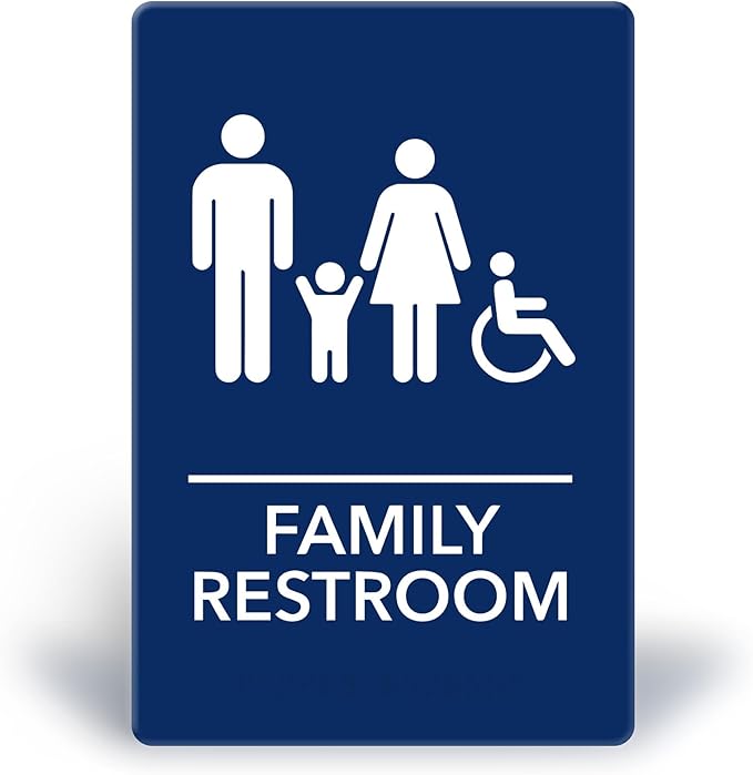 Promot Family Restroom Sign – ADA Braille Bathroom Sign for Business, Self-Adhesive, 9" x 6", Commercial Door Signage, Office Wall Decor - Blue