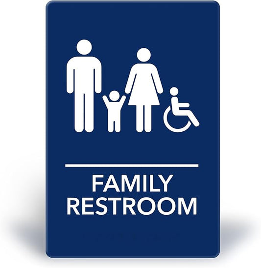 Promot Family Restroom Sign – ADA Braille Bathroom Sign for Business, Self-Adhesive, 9" x 6", Commercial Door Signage, Office Wall Decor - Blue
