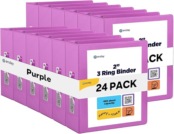 3 Slant D-Ring Binder 2 Inch Binder Purple, 2 in Clear View Cover w/ 2 Inside Pockets, Heavy Duty Colored School Supplies Binders Also Available in Blue, Pink, Red, Green, Grey (24 PC)–by Enday