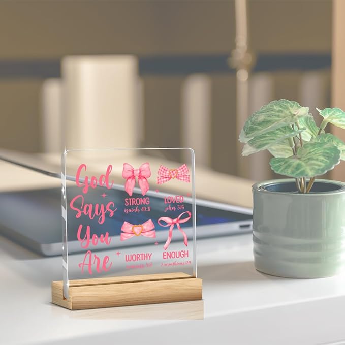 Coquette Dorm Decor, Preppy Pink Bow Bowknot Christian Decor Inspirational Bible Verses Sign Scripture Acrylic Sign Plaque Table Decorations for Home Farmhouse Room