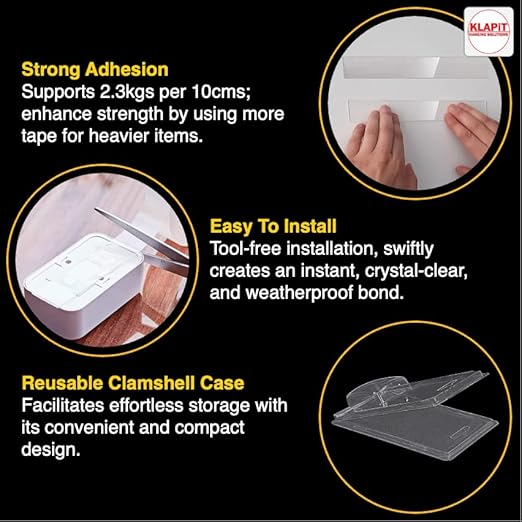 KLAPiT Super Tape - Clear Double Sided Heavy Duty Enhanced Nano Technology Holds 50 lb 1.27lb per Inch Multipurpose, Home Office Decor, Kitchen Bathroom Utility, Carpet & Furniture Fixing