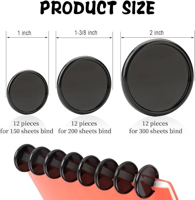 36Pcs (2",1-3/8",1") Discbound Notebook Discs, Black Expansion Discs Plastic Book Discbound Binding Discs for DIY Notebooks and Planner Scrapbooking Supplies(Black)