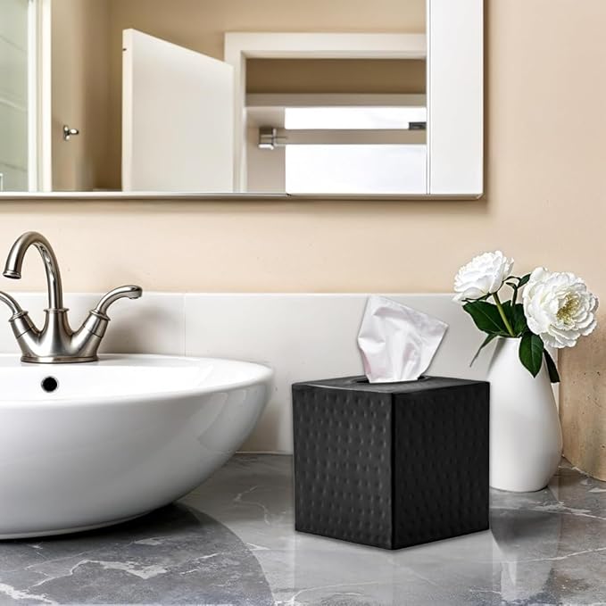 Monarch Abode Hand Hammered Tissue Box Cover Square, Matte Black Tissue Holder for Bathroom, Square Metal Dresser Accessories, Decorative Tissue Box Holder, Matte Black Handcrafted Tissue Cover