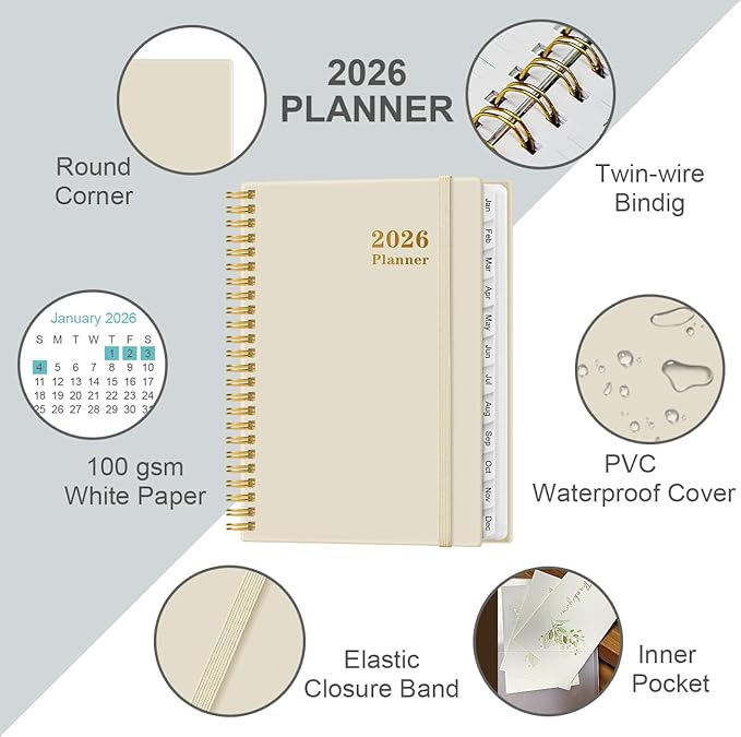 2026 Planner - Weekly and Monthly Calendar Planner from Jan 2026 - Dec 2026, Planner 2026 Spiral Bound with 12 Monthly Tabs, Inner Pocket, Perfect for School Office Supplies, 6.4" x 8.5", Beige