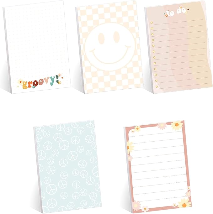 Retro Floral Sticky Note Pads / 4" x 6" Repositionable Checkered Smiley Face Sticky Notes / 5 Trendy Y2K Designs / 50 Sheets Per Pad Set of 5 / Made in USA