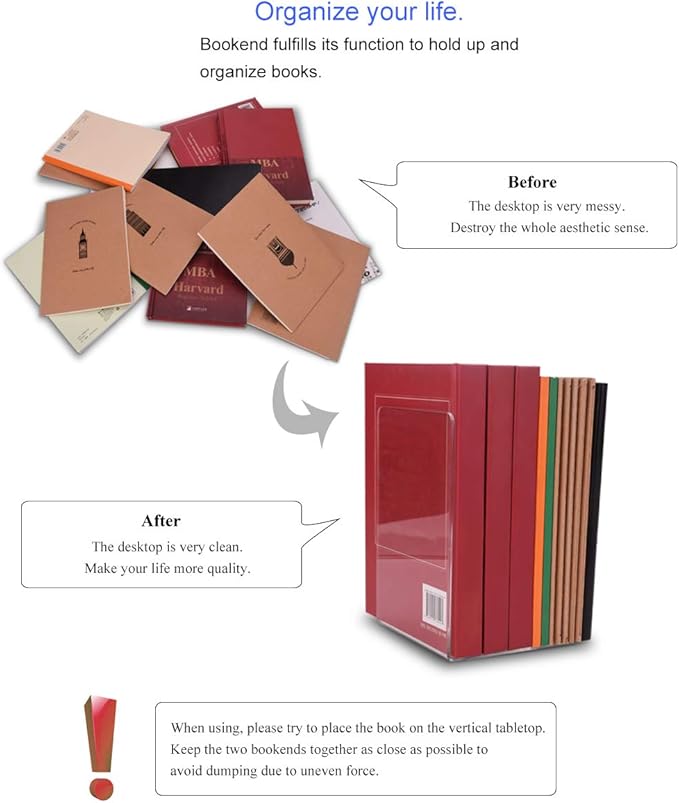 MerryNine Clear Book Ends 4pcs, Acrylic Bookends for Shelves, Non-Slip Bookend Decorative for Heavy Duty Book, Books Holder Stopper for Kids, Bookshelf Dividers Books Organizer for Office Home School