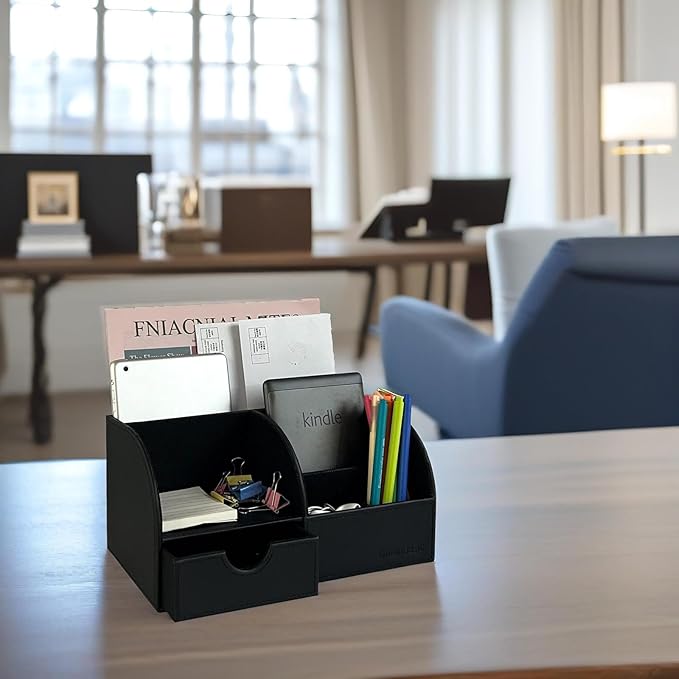 UnionBasic Desk Organizer - Multifunctional Leather Desktop Pen Holder Storage Box - Business Card/Pen/Pencil/Mobile Phone/Stationery Holder, Black Revised